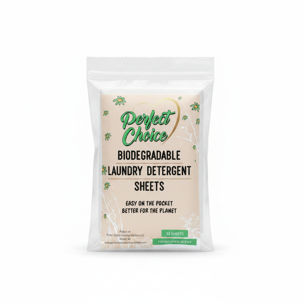 Perfect Choice Laundry Detergent Sheets sample pack — label facing front with two sheets inside a clear resealable bag