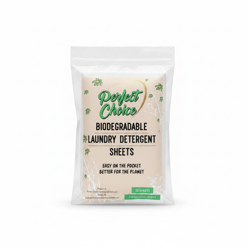 Perfect Choice Laundry Detergent Sheets sample pack — label facing front with two sheets inside a clear resealable bag